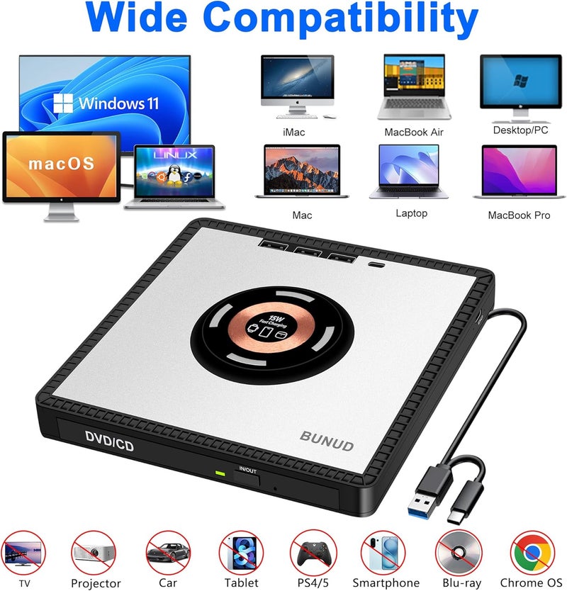 BVNUD External CD DVD Drive: USB DVD Drive External DVD Burner for PC with 3 USB and TF/SD Slots Slim Portable Disc Player Reader for Laptop Mac Windows 11 Apple with 15W Wireless Fast Charging - Image 4